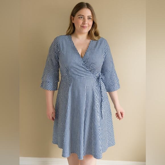 Calvin Klein Gingham Cotton Wrap Dress Navy and White Women’s size 12 - Picture 1 of 6